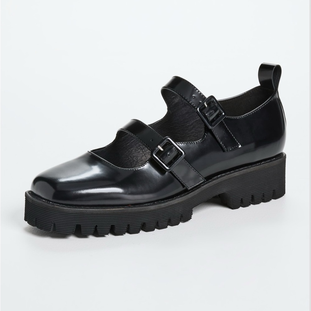 INTENTIONALLY BLANK Glossy Black Double Strap Flats